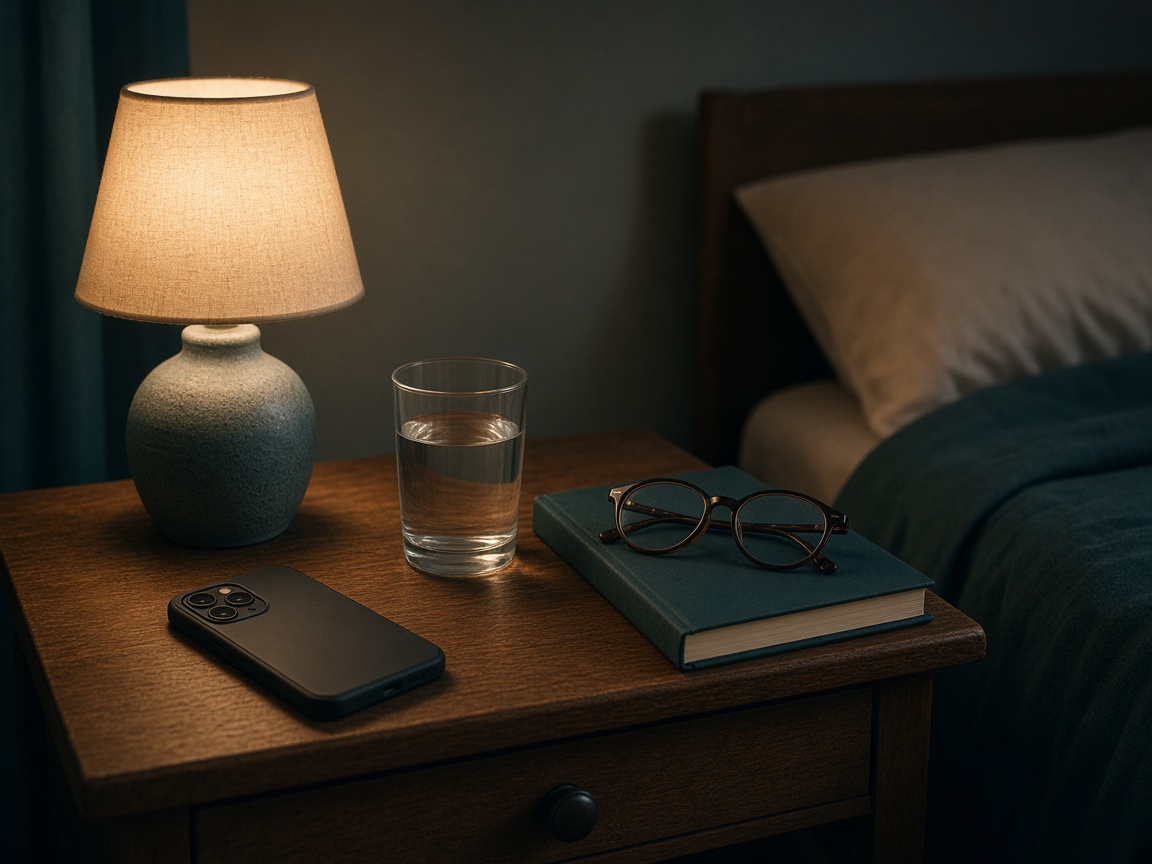 A nightstand lamp, journal, and face-down phone in a quiet bedroom.