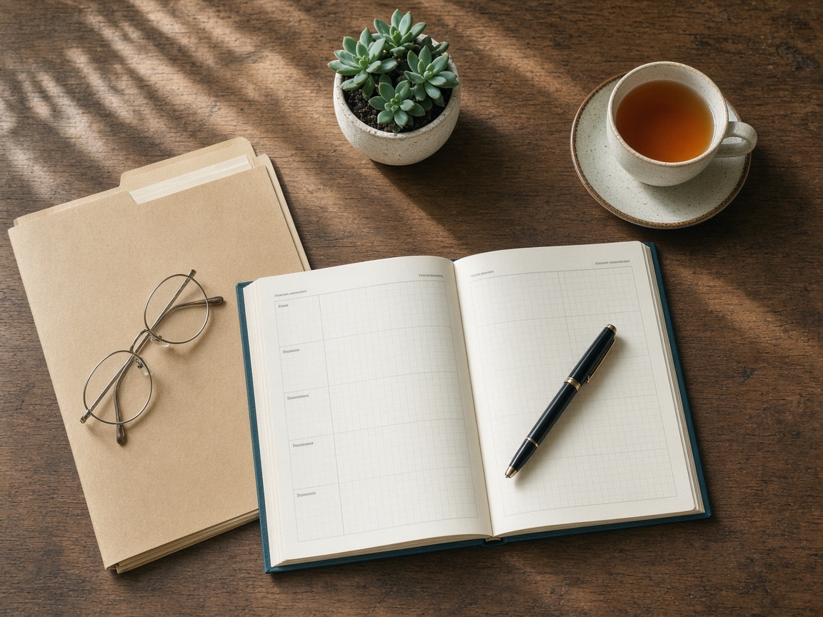 A clinician's desk with an appointment book, pen, and tea in morning light.