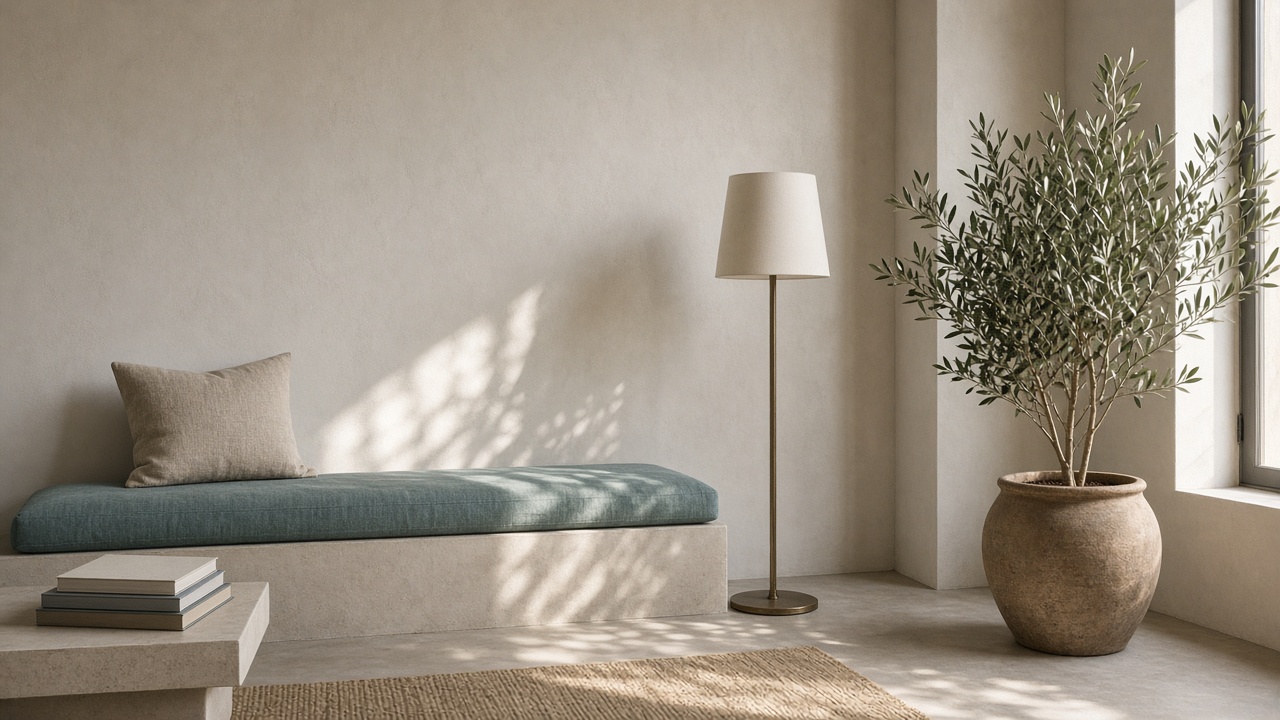 A sunlit practice foyer with a bench, plant, and low table of books.