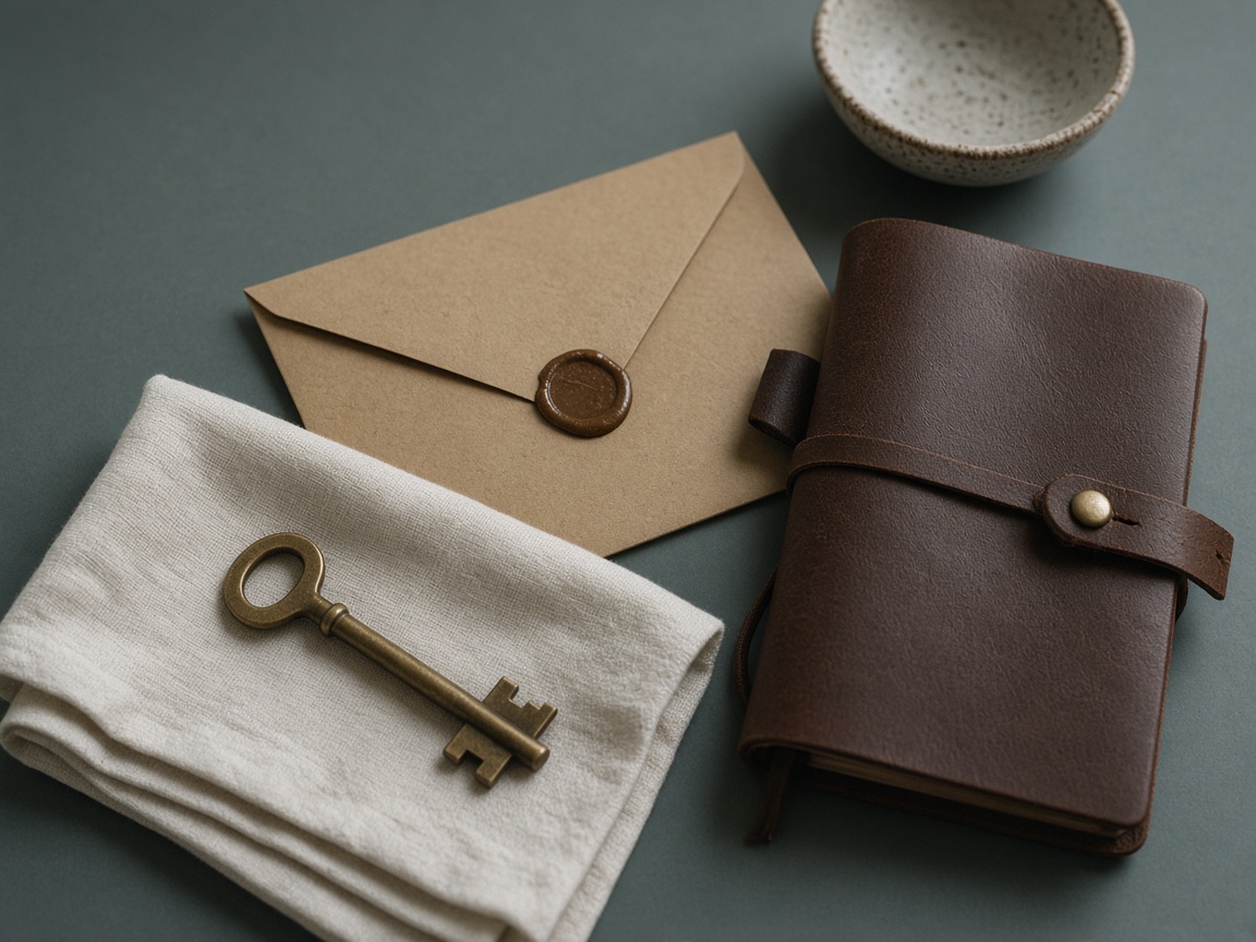 A brass key, sealed envelope, and leather notebook in soft window light.